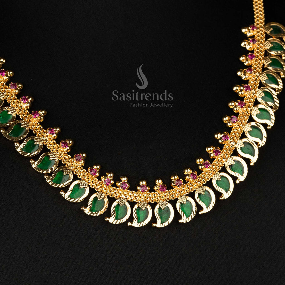 Graceful Green Mango Necklace - Micro Gold Plated with Elegant Pink Stones, Kerala’s Finest Jewellery Online - Sasitrends