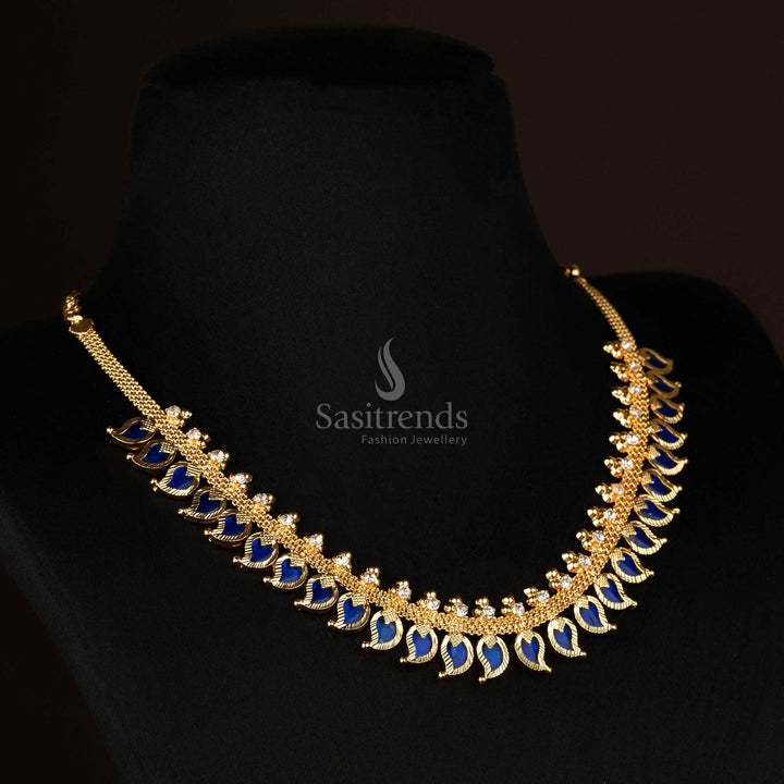 Classic mango Palakka design necklace with royal blue stones and gold finish - Sasitrends