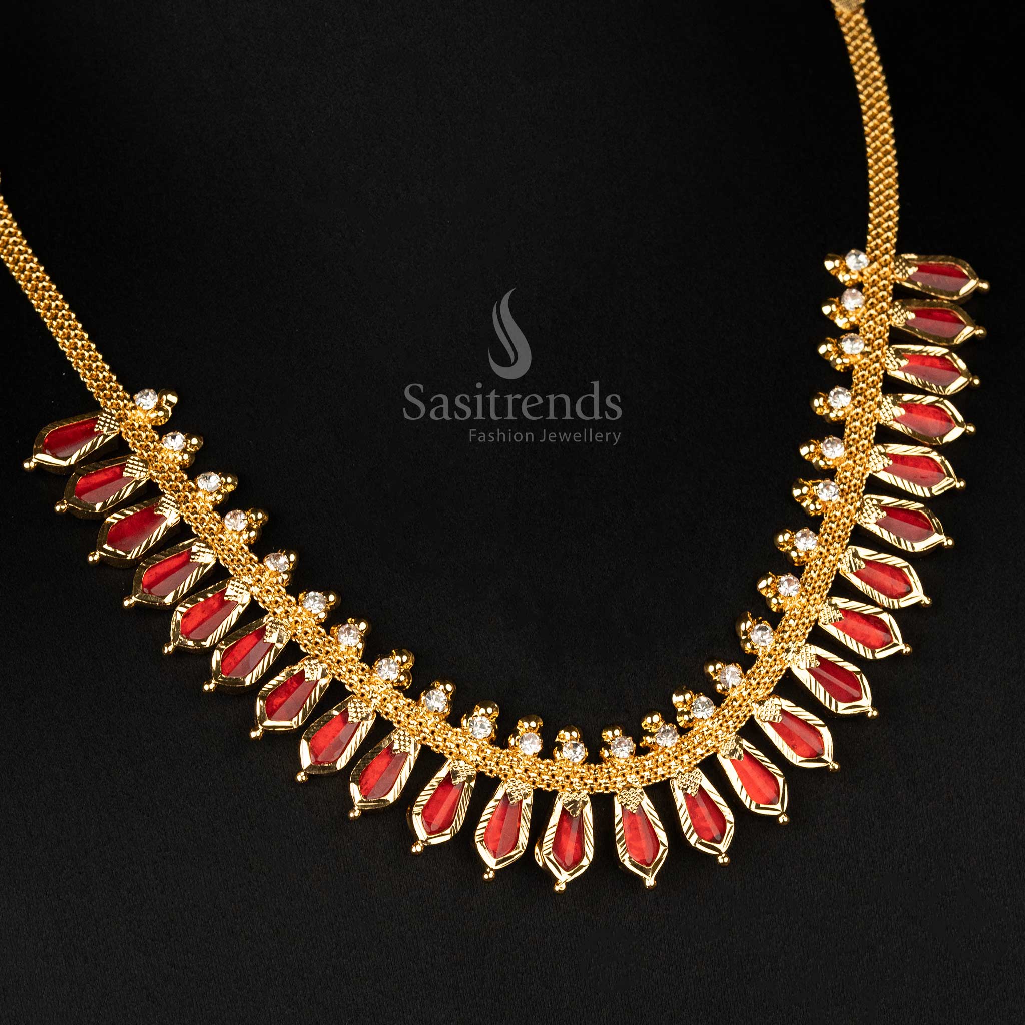 Vibrant Red Nagapadam Necklace - One Gram Micro Gold Plated with white Stones, Traditional Kerala Jewellery Collection - Sasitrends