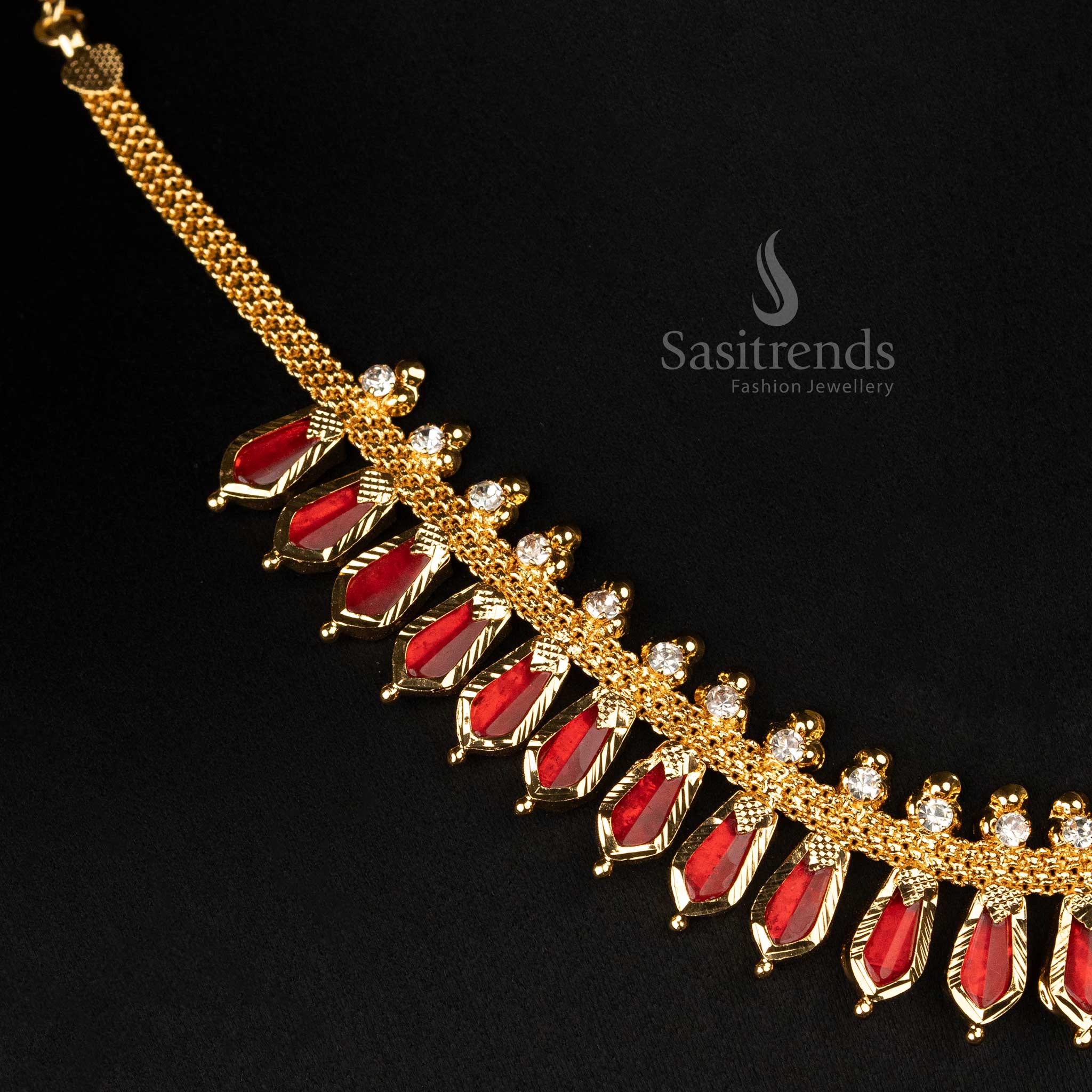 Vibrant Red Nagapadam Necklace - One Gram Micro Gold Plated with white Stones, Traditional Kerala Jewellery Collection - Sasitrends