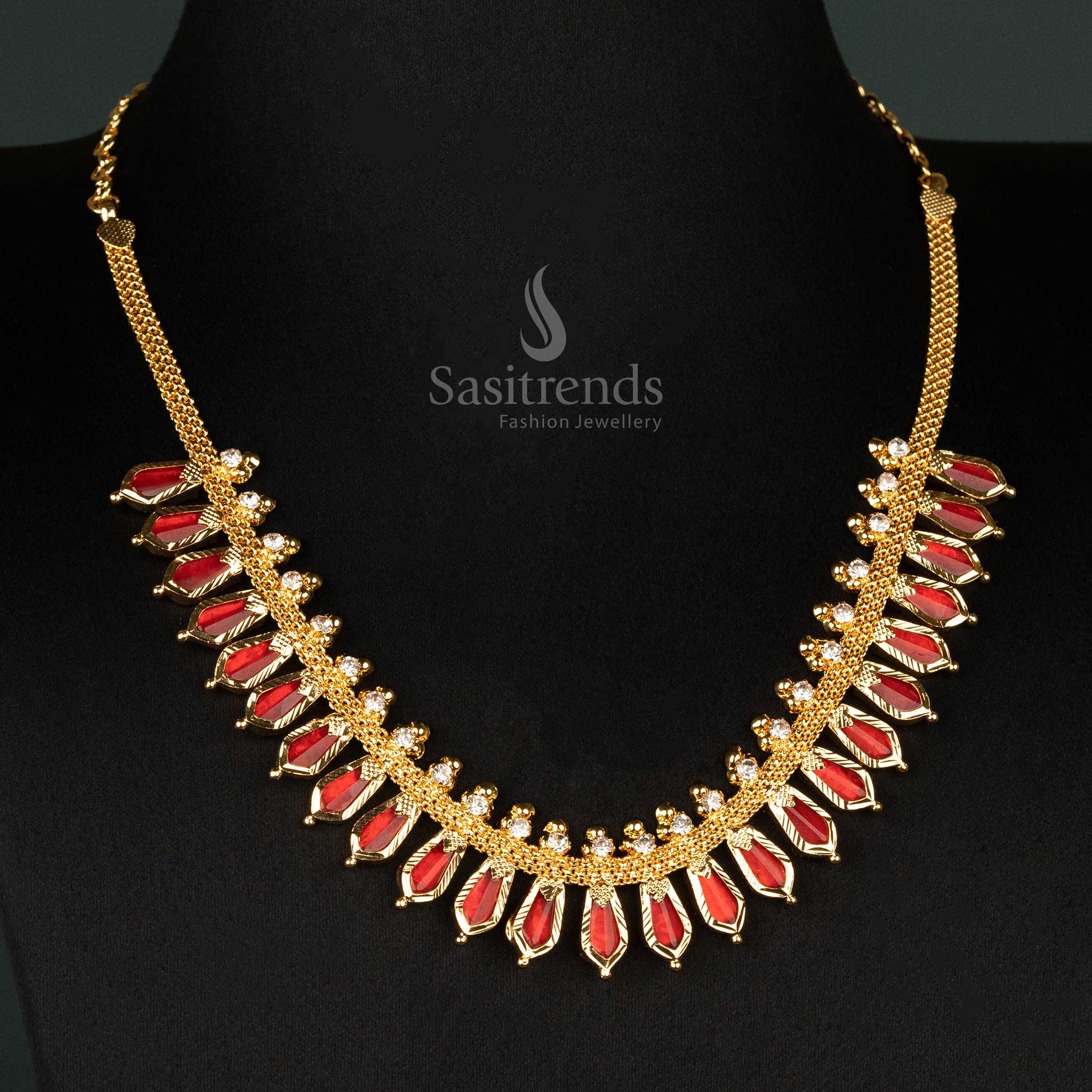 Stunning Red Nagapadam Necklace - One Gram Micro Gold Plated with white Stones, Traditional Kerala Jewellery for Online Shopping - Sasitrends