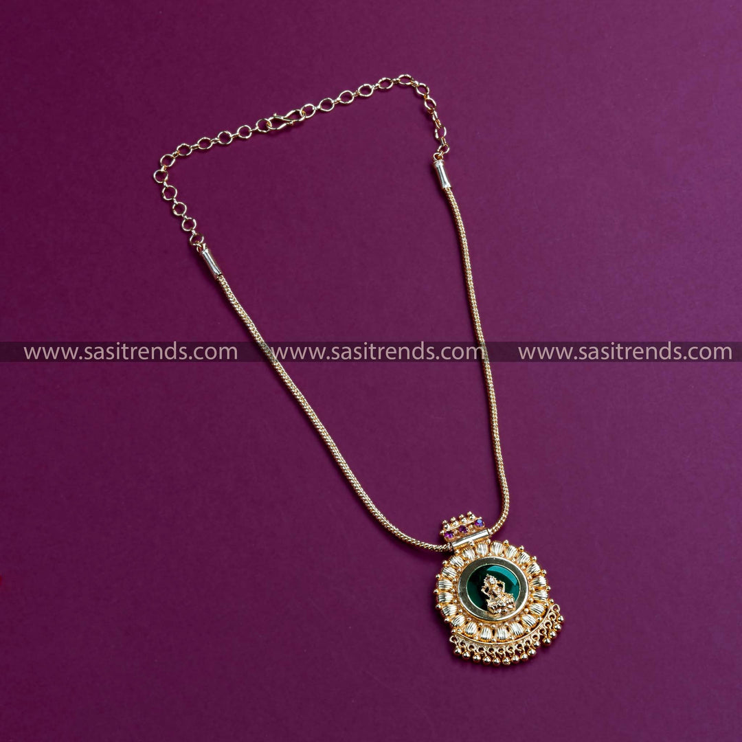 Gold-plated Lakshmi motif pendant on a ball chain for traditional ceremonies.