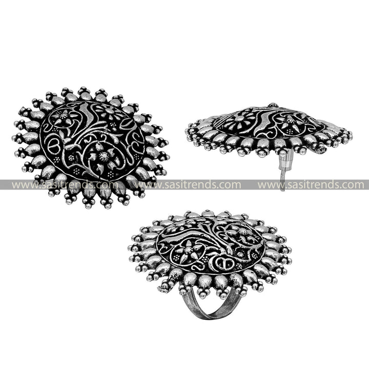 Oxidised Silver Tops and Large Adjustable Ring Combo Set 1652A