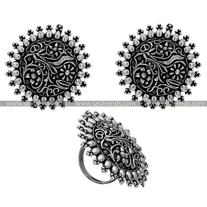 Navarathiri Elegance Oxidised Floral Pattern Tops with Adjustable Ring 1652A 