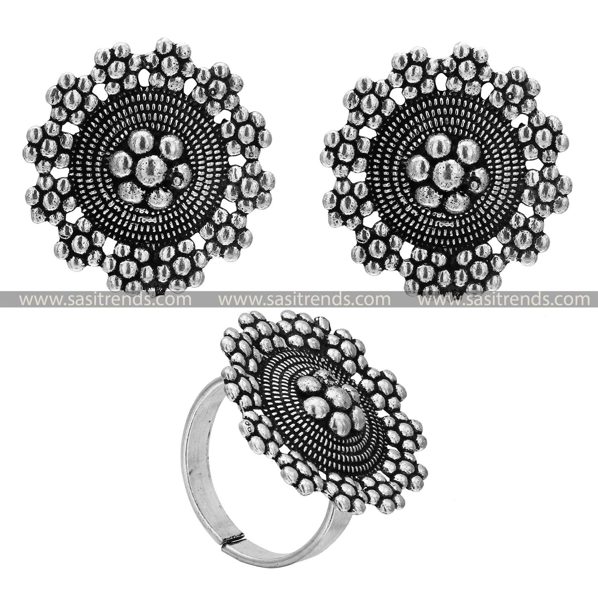 Floral Motif Centerpiece Oxidised Silver Earrings and Adjustable Ring Set For Navarathiri Wear