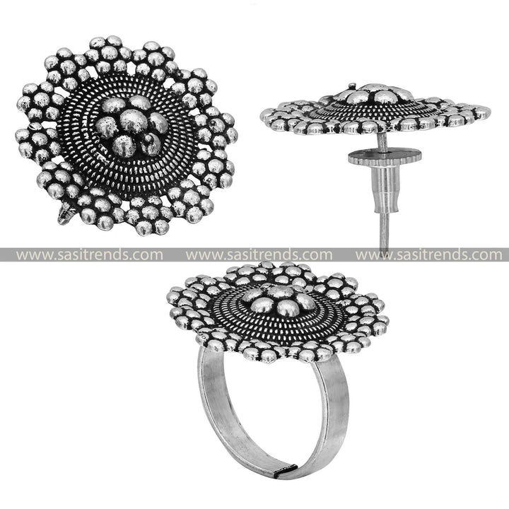 Intricate Spiral and Dot Embellishments on Oxidised Silver Tops and Ring Set 1652B