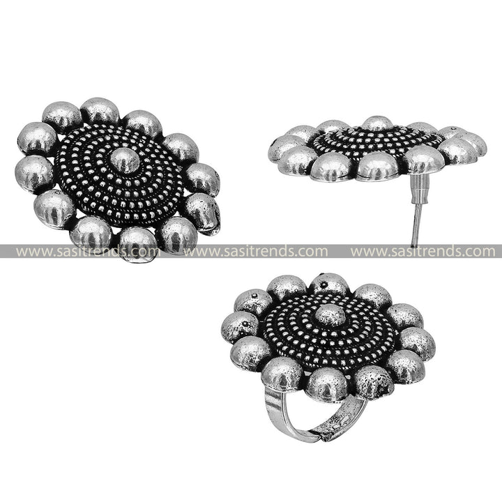 Oxidised Silver Earrings and Ring Set with Bubble Border and Textured Center Design 1652C Navarathiri Special