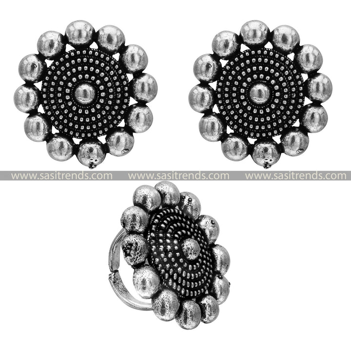 Textured Dot Pattern on Oxidised Silver Stud Earrings and Adjustable Ring Combo 1652C