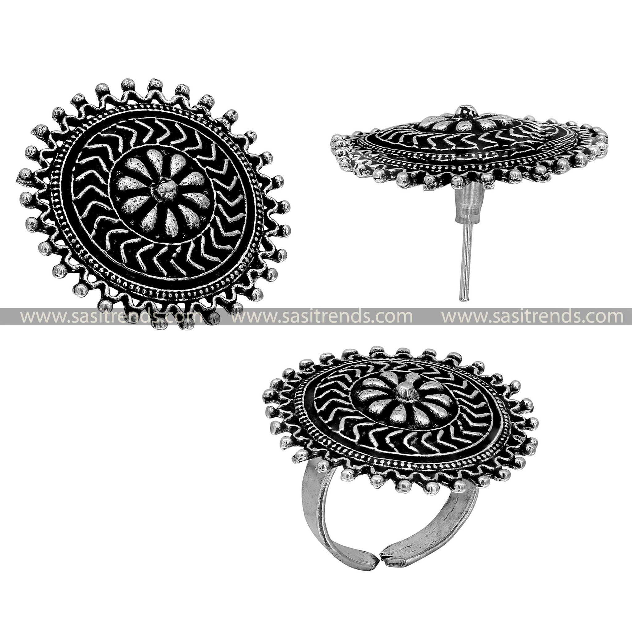 Navarathiri Collection Radiant Pattern Oxidised Silver Adjustable Ring and Stud Earrings Set with Beaded Edges 1652D