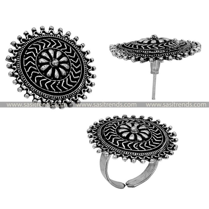 Navarathiri Collection Radiant Pattern Oxidised Silver Adjustable Ring and Stud Earrings Set with Beaded Edges 1652D