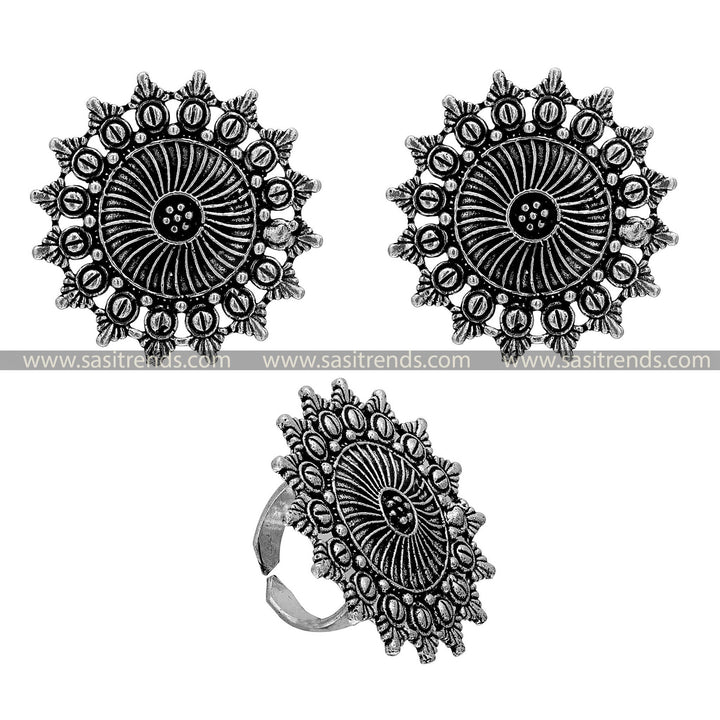 Latest Oxidised Earrings and Ring with Sunburst Design and Petal Edging For Navarathiri 1652E