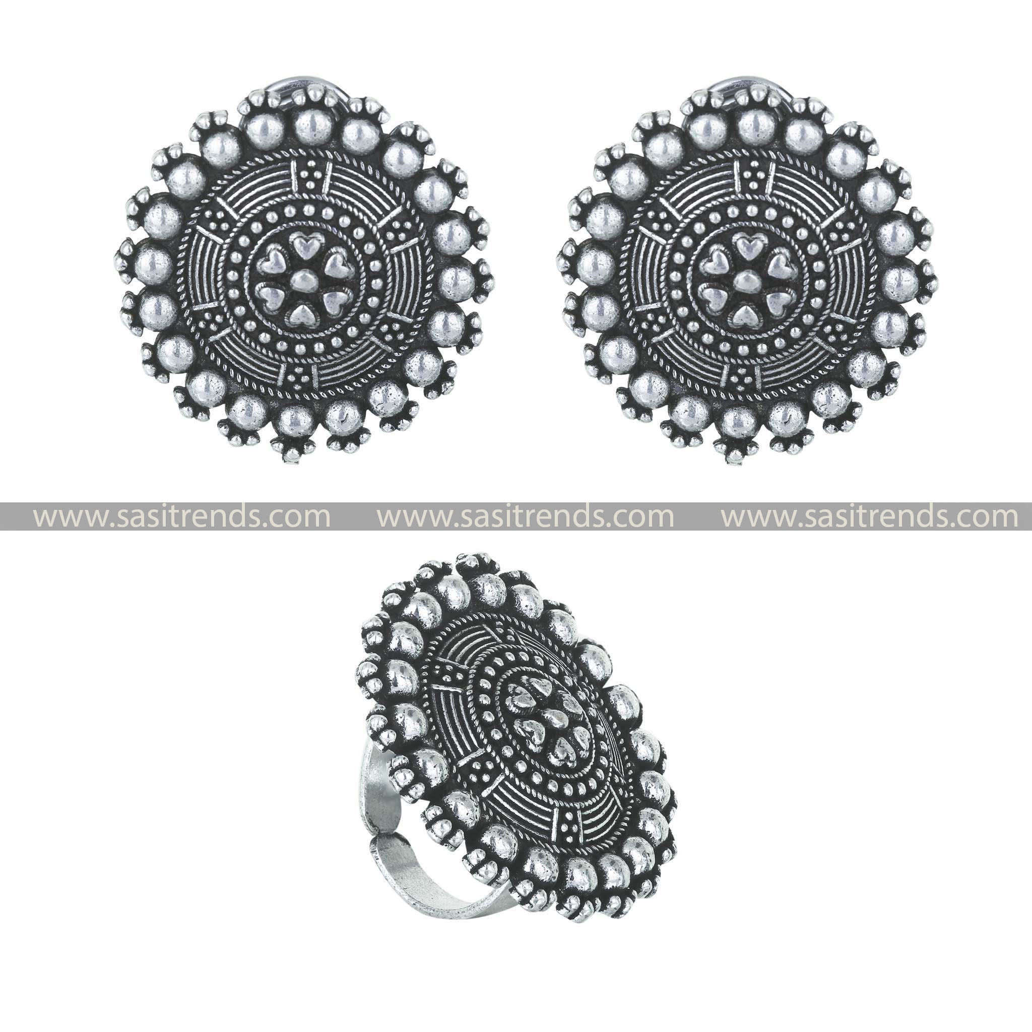 Oxidised Silver Floral Mandala Design Tops Earrings with Ring for Navarathiri 