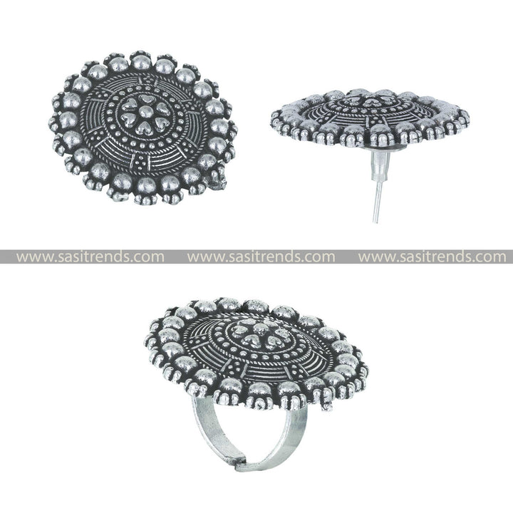 Navarathiri Special Oxidised Silver Floral Tops and Adjustable Ring Set 