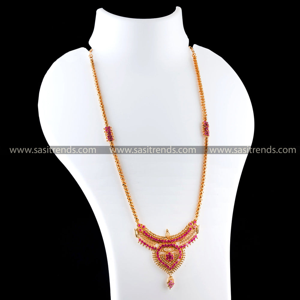 Intricate ruby pendant on a micro gold-plated chain, reflecting South Indian temple jewellery elegance