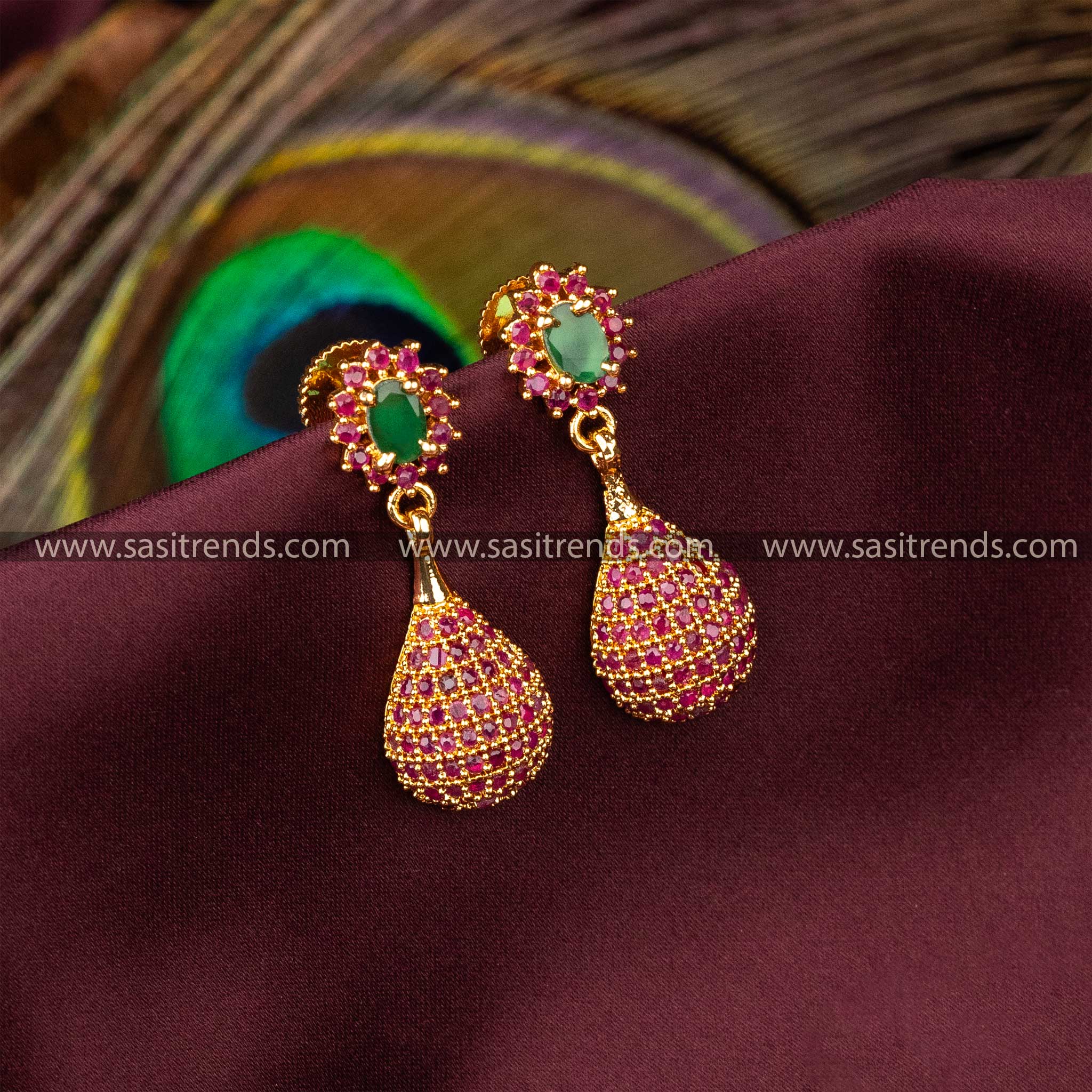 Traditional Temple Wear Micro Gold Plated Guaranteed Rudy Green AD Stone Studded Dangler Earrings 