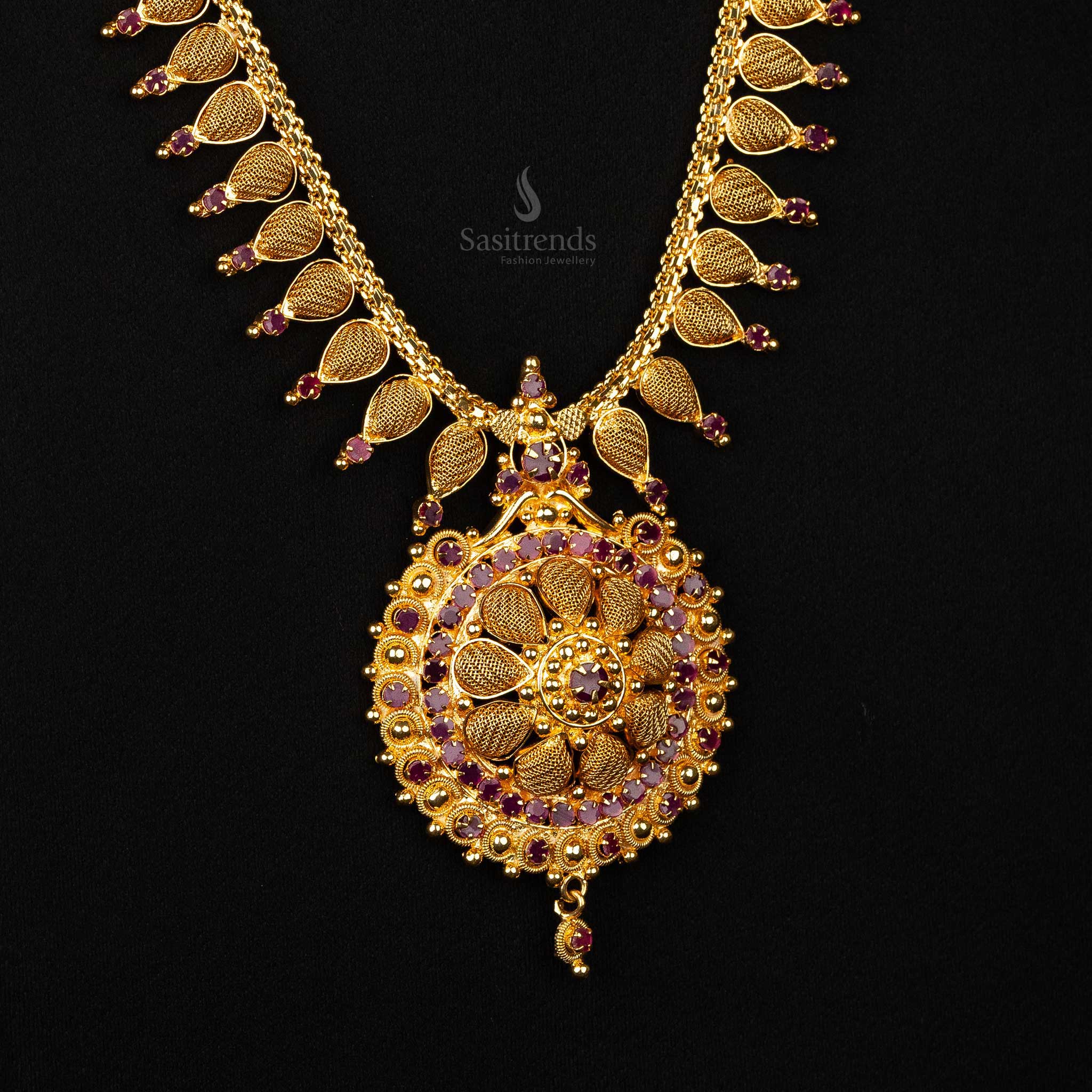 Micro gold-plated long haram necklace with ruby stone accents - Sasitrends