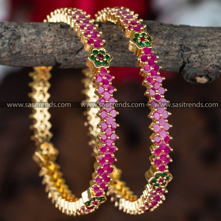 Temple Wear Micro Gold Plated Flower Designer Ruby Green Bangles Online Shopping