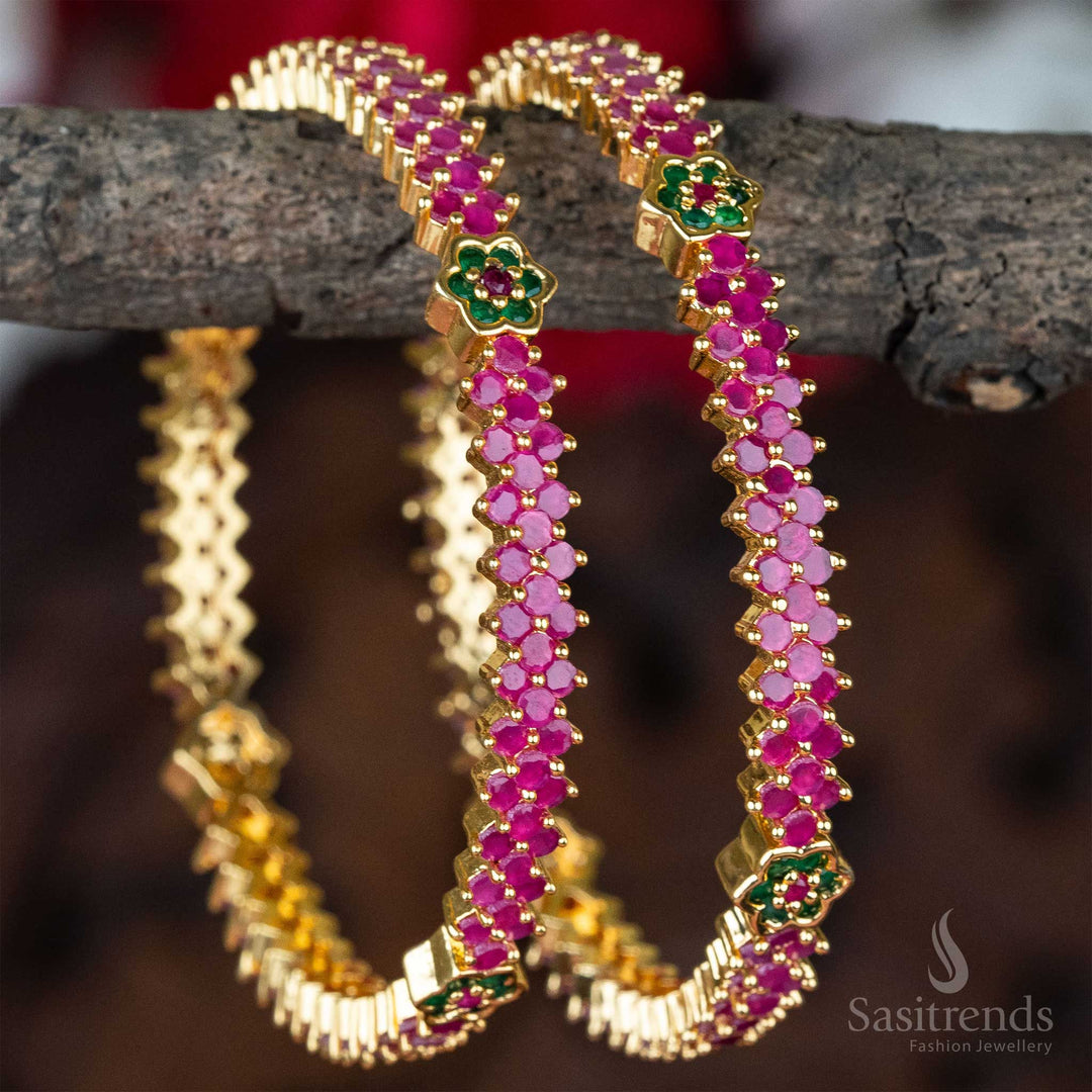 Luxurious micro gold-plated ruby-green American diamond bangles, perfect for wedding and party wear - Sasitrends