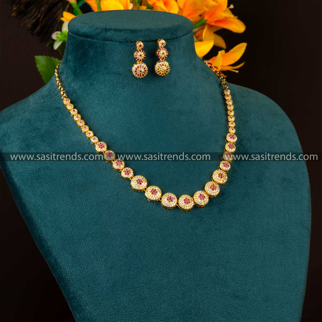 Gorgeous Micro Gold Plated AD Necklace with Earrings, White-Ruby American Diamond Stones, Stunning White RubyJewelry Set