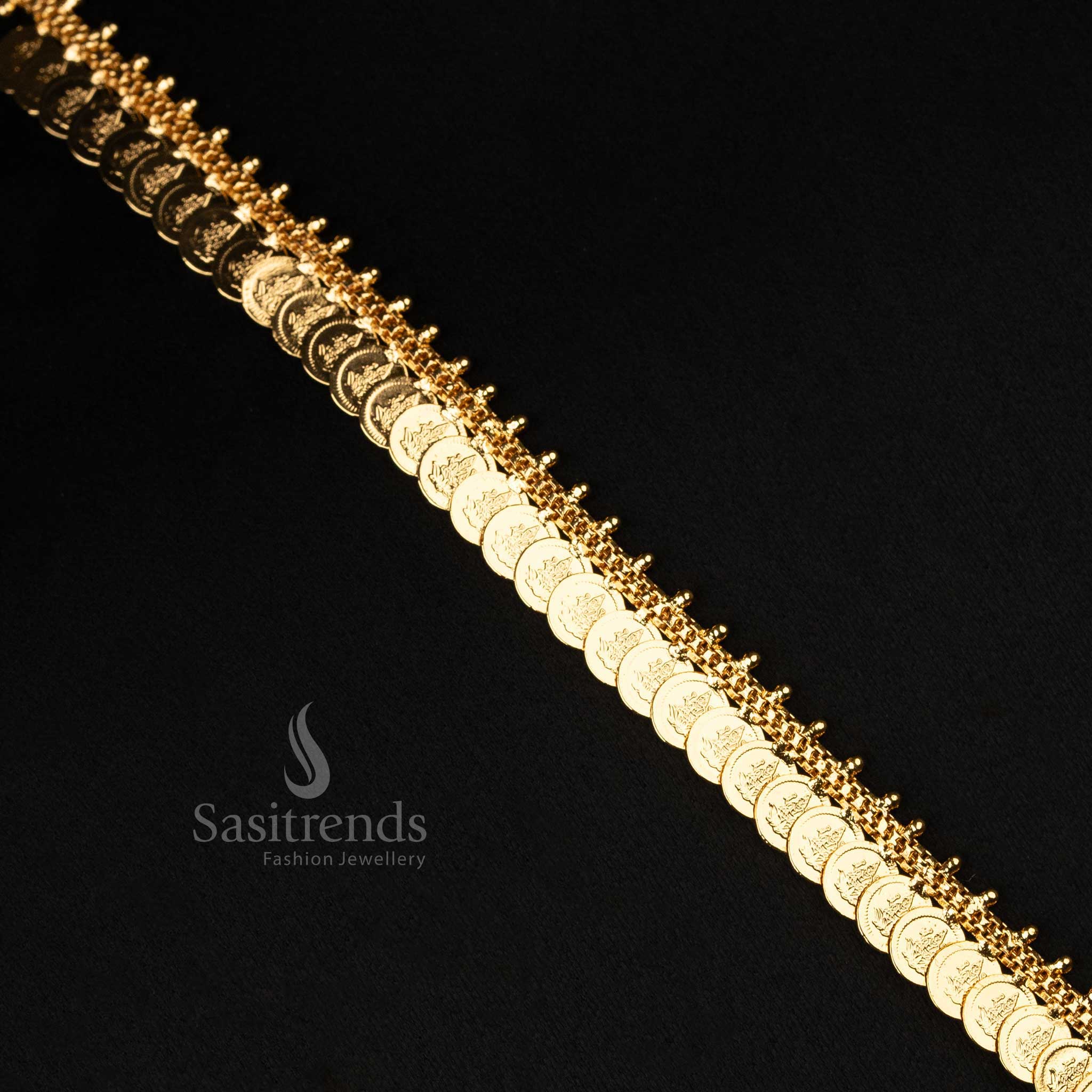 Exquisite one gram gold plated long necklace with fine small Lakshmi coin details for a graceful appearance - Sasitrends