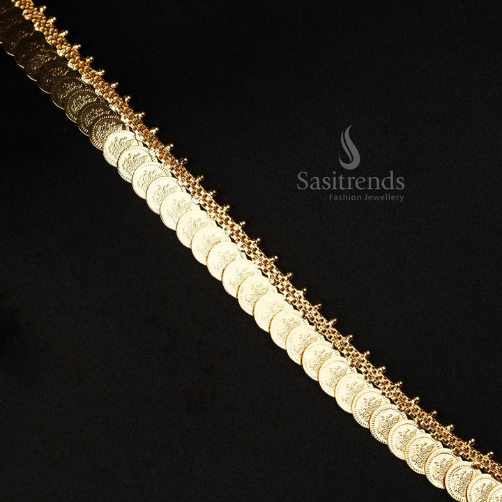 Elegant one gram gold plated long necklace adorned with bold and stunning big Lakshmi coins for a classic look - Sasitrends