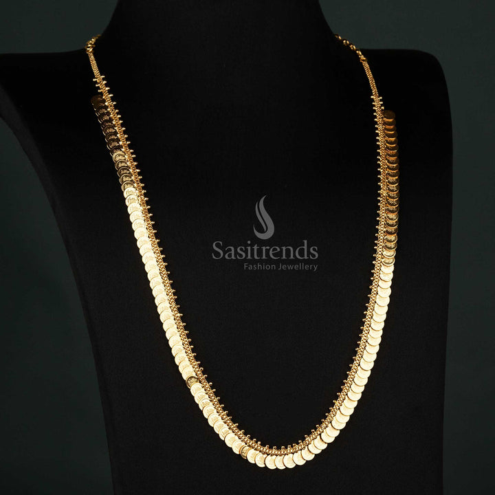 Beautifully crafted micro gold plated long necklace with intricate small Lakshmi coins for an elegant look - Sasitrends