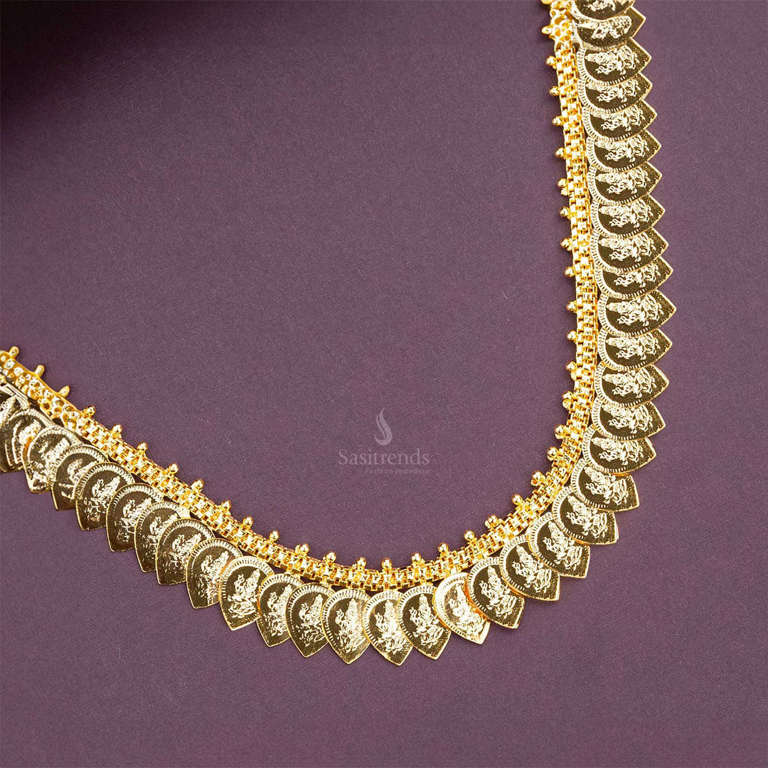 Front view of Lakshmi leaf-inspired micro gold plated necklace with intricate detailing