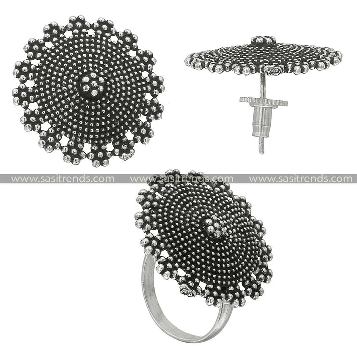 Elegant Oxidised Silver Combo Set with Dome Tops and Adjustable Ring 