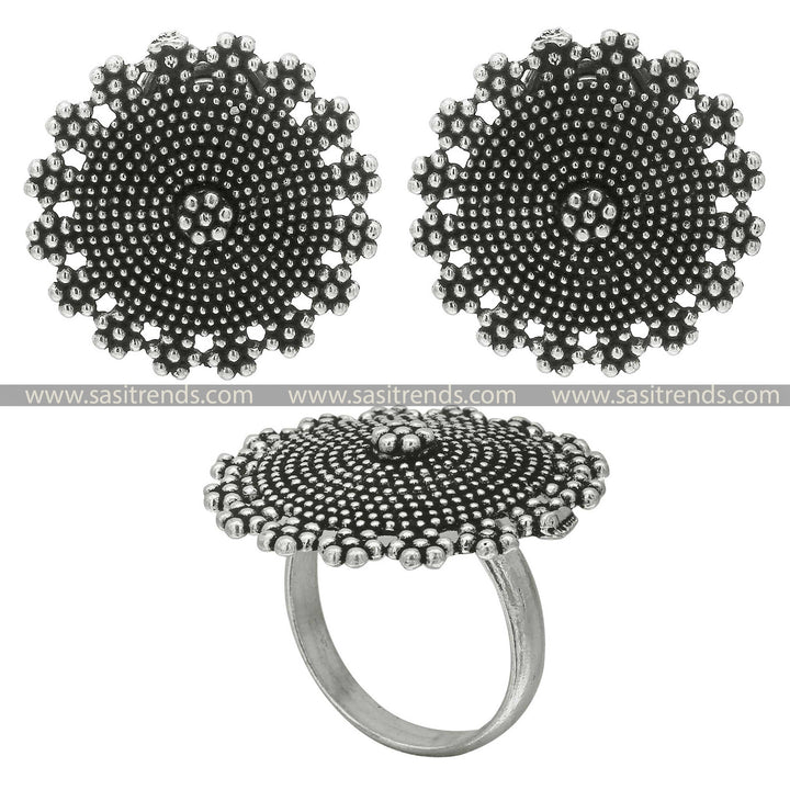 Traditional Beaded Oxidised Silver Earring Tops and Ring Set 