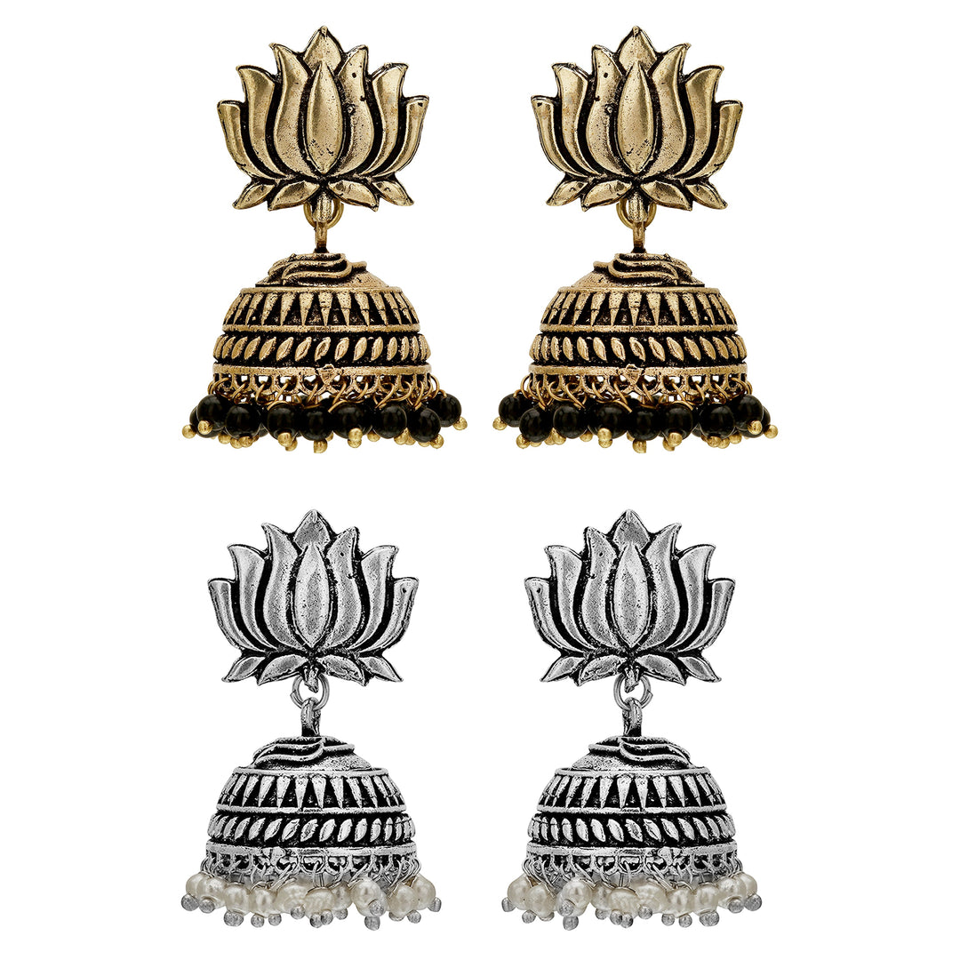 Beautiful Elegant Traditional Lotus Oxidised German Silver Jhumka Earrings