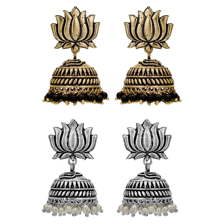 Exquisite Oxidised German Silver Lotus Jhumka Earrings Combo Set - Sasitrends