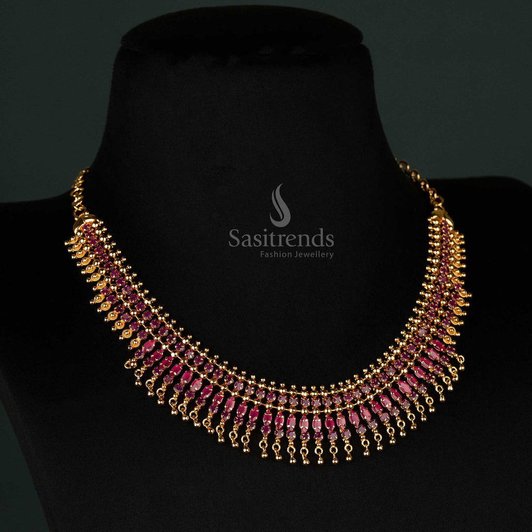 Elegant micro gold-plated necklace adorned with ruby stones and delicate golden balls, ideal for festive and cultural celebrations - Sasitrends