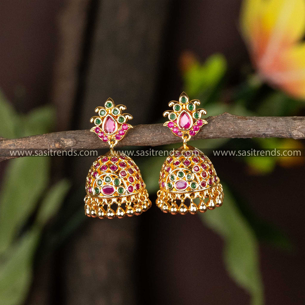 Traditional Micro Gold Plated Lotus Designer Ruby Green AD Stone Jhumka Earrings