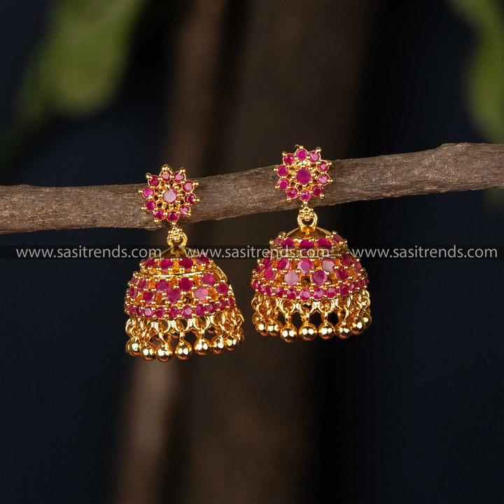 Trendy Traditional Guaranteed One Gram Micro Gold Plated Flower Pattern Ruby AD Stone Jhumka Earrings Online