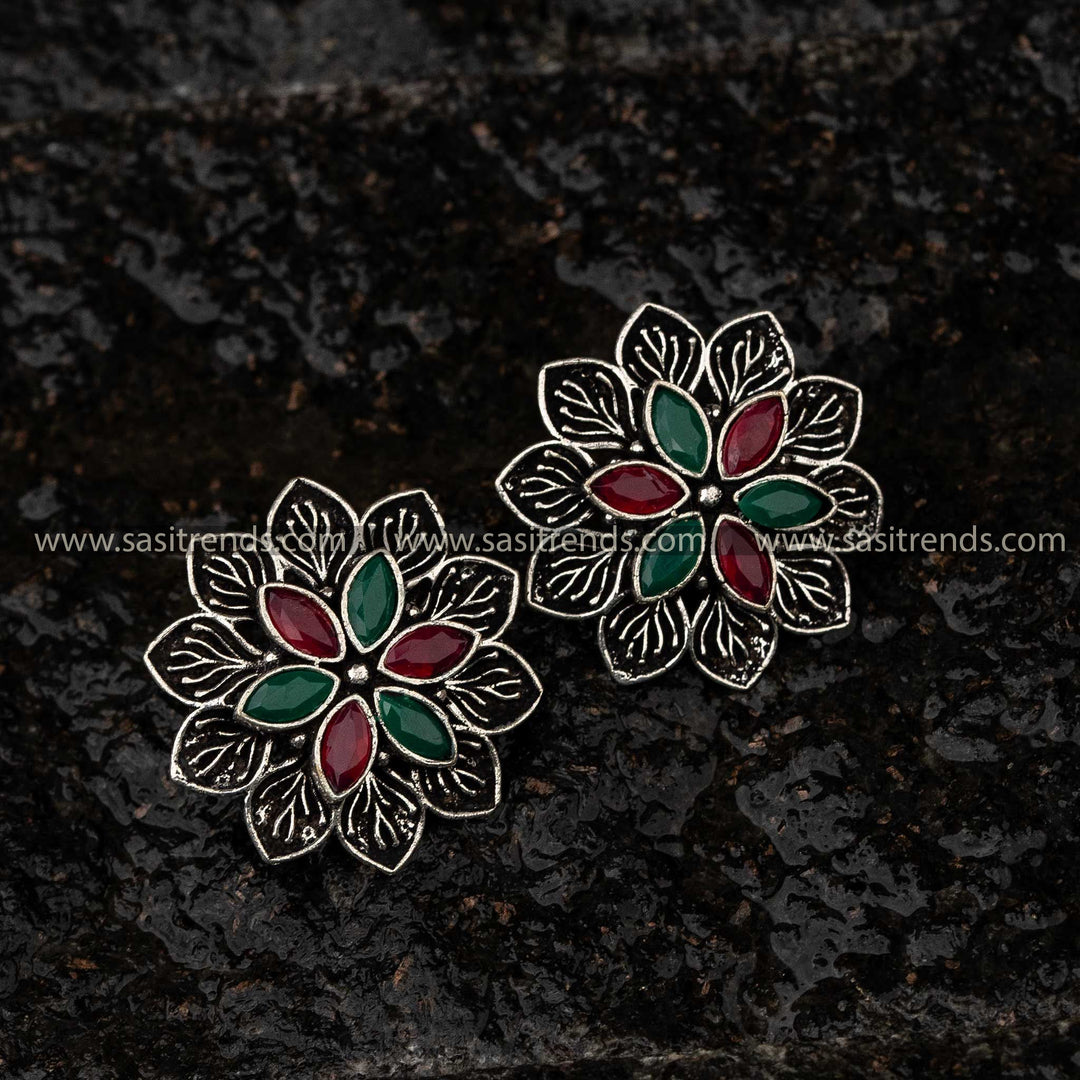 Oxidised Floral Stud Earrings Navratri Special Elegance Sasitrends Online Shopping