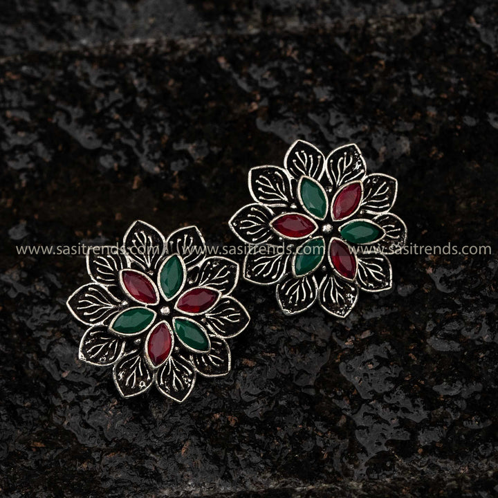 Sasitrends | Oxidised Floral Stud Earrings with Stones - Perfect for Navratri