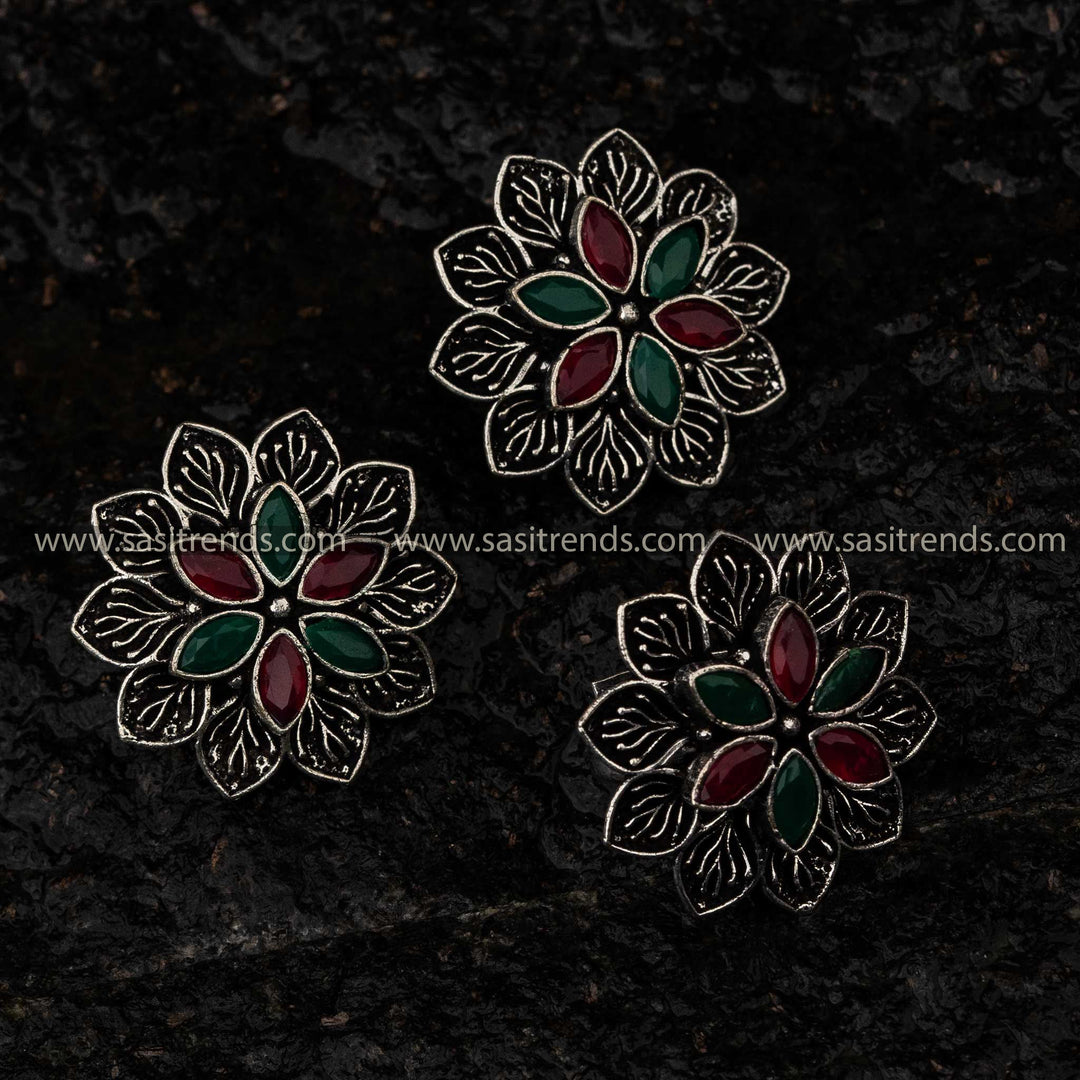 Oxidised Floral Stud Earrings and Ring Set Sasitrends Online Shopping