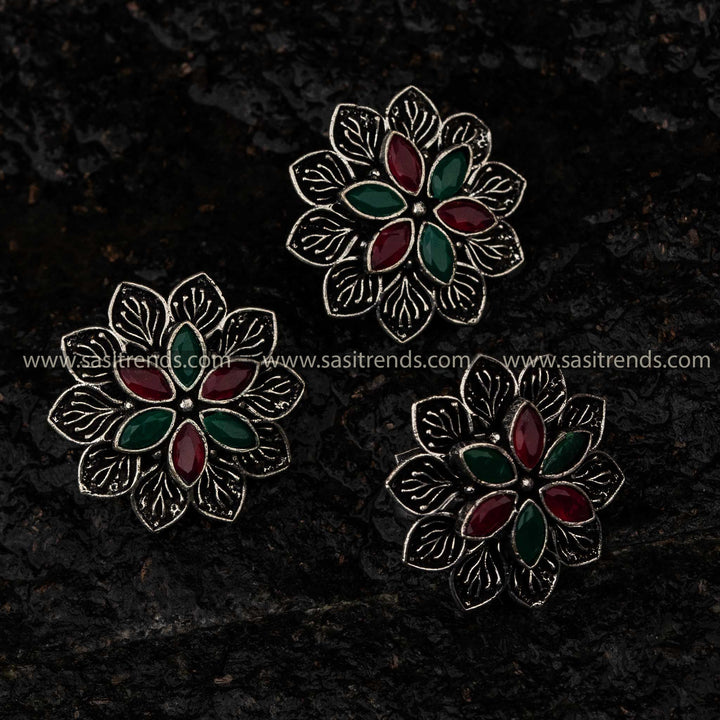 Sasitrends | Oxidised Floral Stud Earrings and Adjustable Ring Set with Stones - Perfect for Navratri