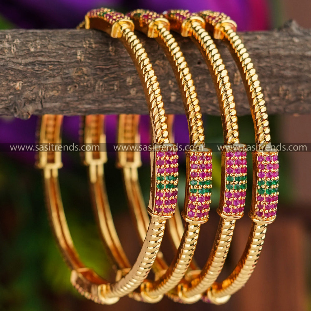 Micro Gold Plated Traditional Bangle Set with Ruby Green Stones - Perfect for Festivals!