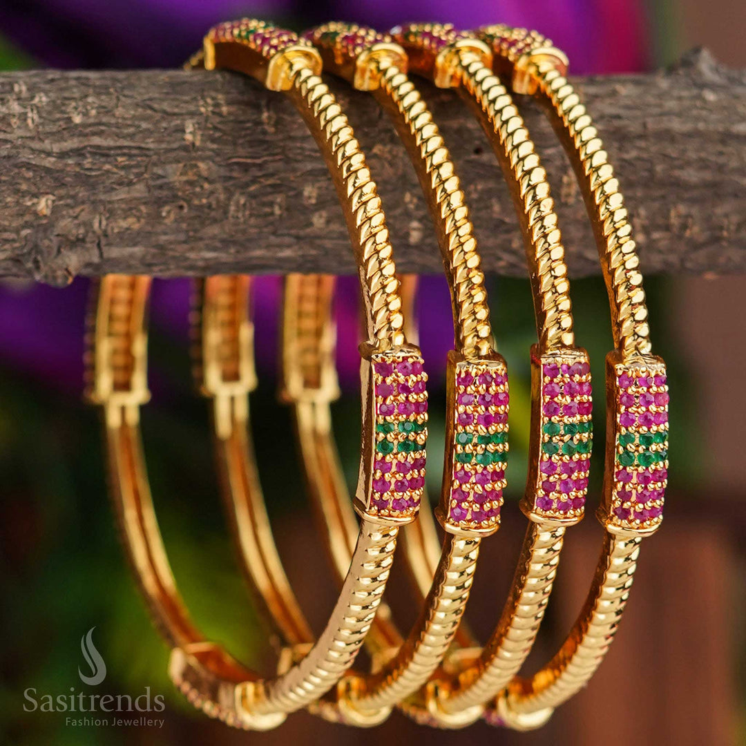 Heritage-inspired ruby-green American diamond bangles, micro gold-polished with traditional detailing, a perfect ethnic wedding jewellery set for women - Sasitrends