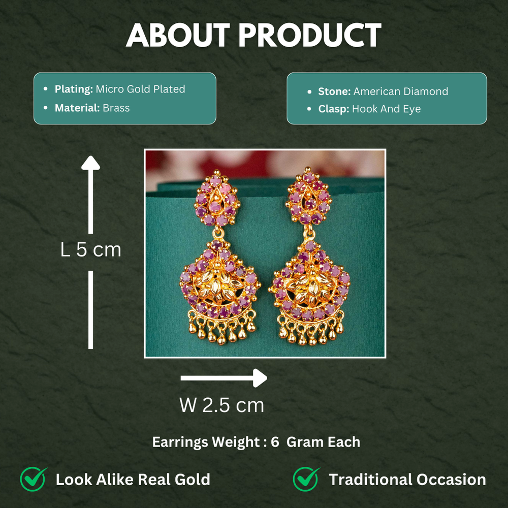 Traditional Micro Gold Plated AD Stone Studded Guaranteed Earrings Measurement Details