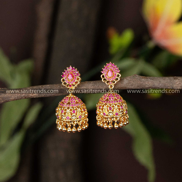 Traditional One Gram Micro Gold Plated Flower Designer Ruby AD Stone Jhumka Earrings