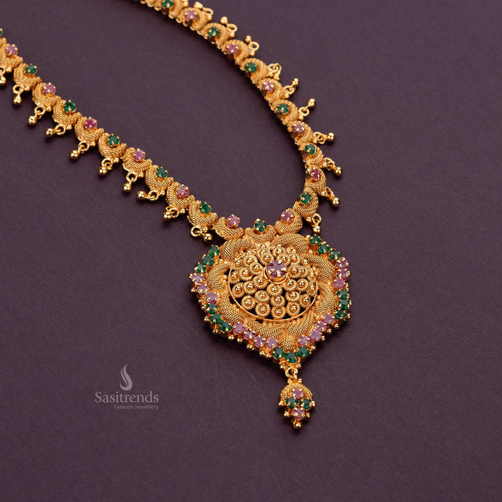 Sasitrends - Traditional Micro Gold-Plated Long Haram Necklace with Floral Pendant