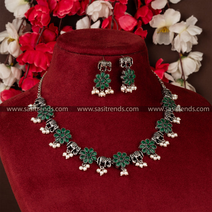 Flower and Elephant Oxidized German Silver Green Jewellery Set