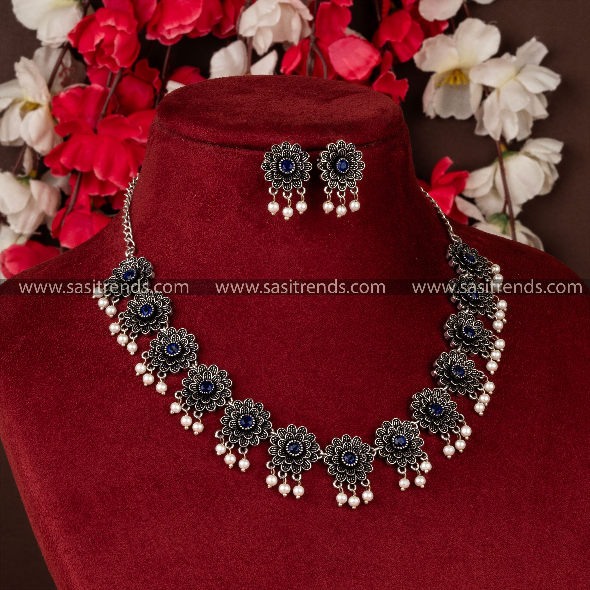 Traditional Wear Oxidised German Silver Necklace Blue Jewellery Set