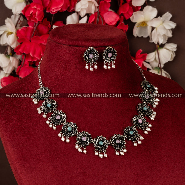 Layered Jasmine Flower Motif Oxidised German Silver Necklace Set with Pearls - Sasitrends