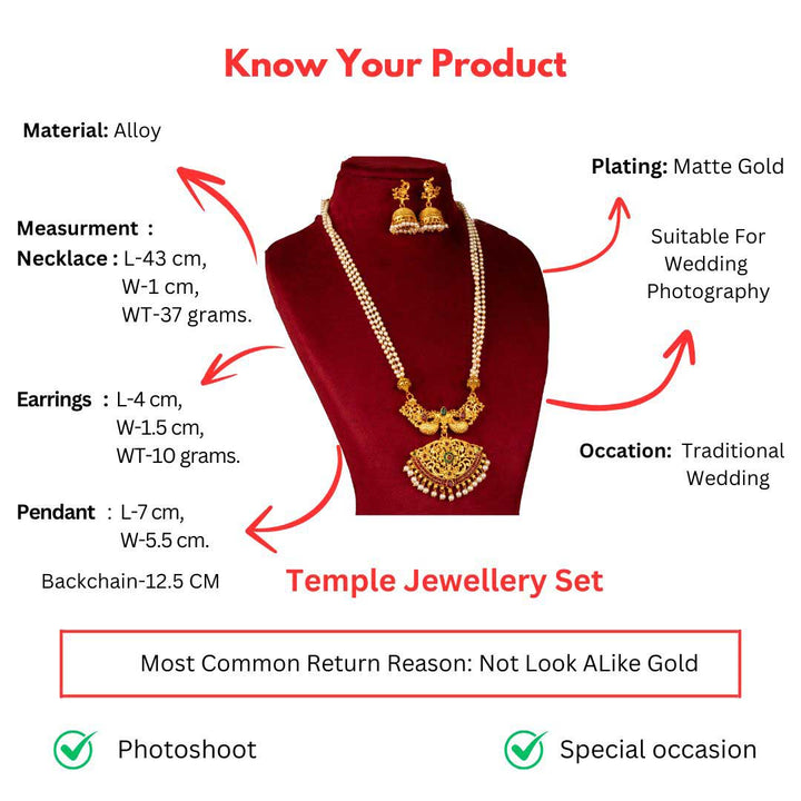 Classic Temple Wear Matt Gold Plated Necklace Jewellery Set Measurement Details