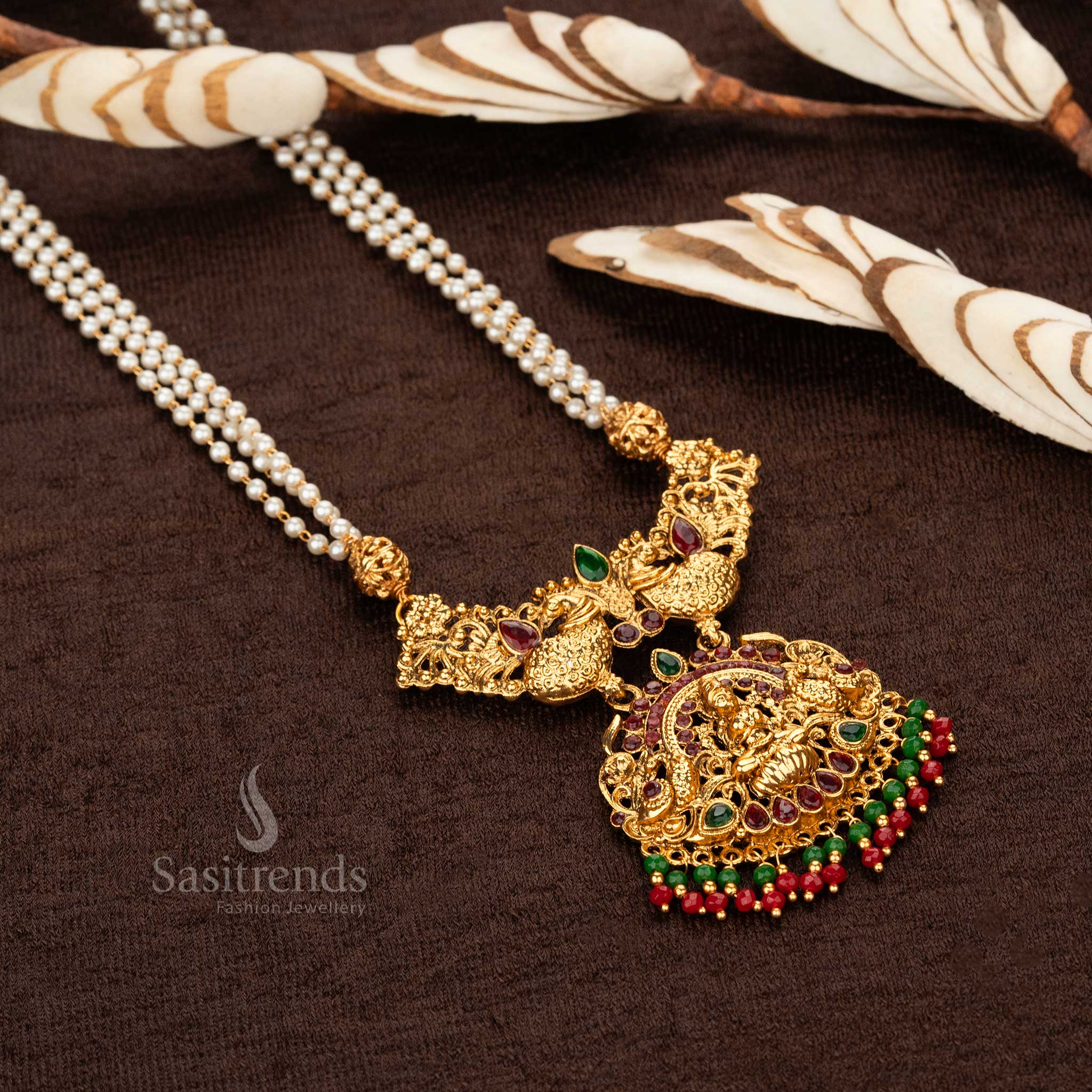 Attractive Classic Matte Gold Two Peacock Lakshmi Pendent Jewellery Set For Women - Sasitrends