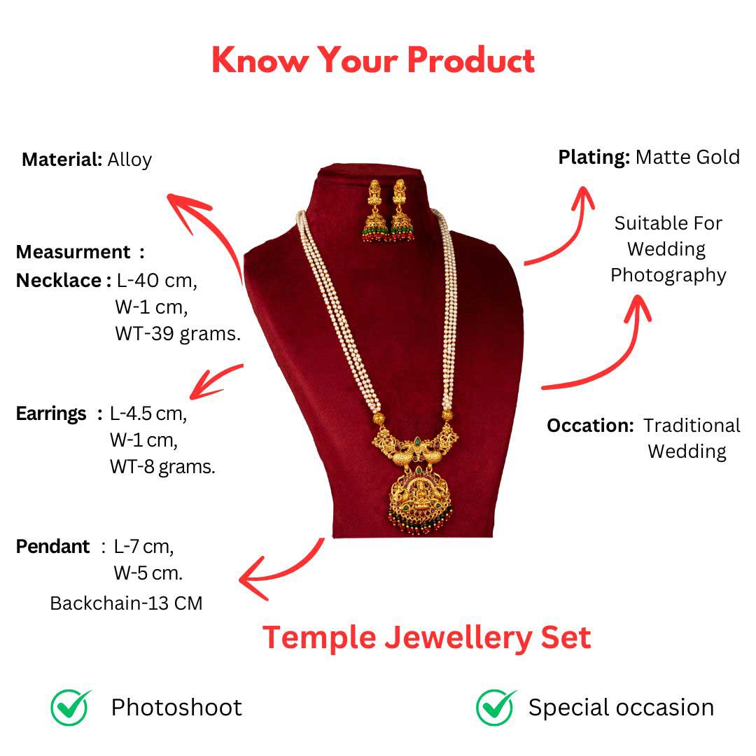 Classic Matt Gold Two Peacock Lakshmi Pendent Jewellery Set Measurement Details