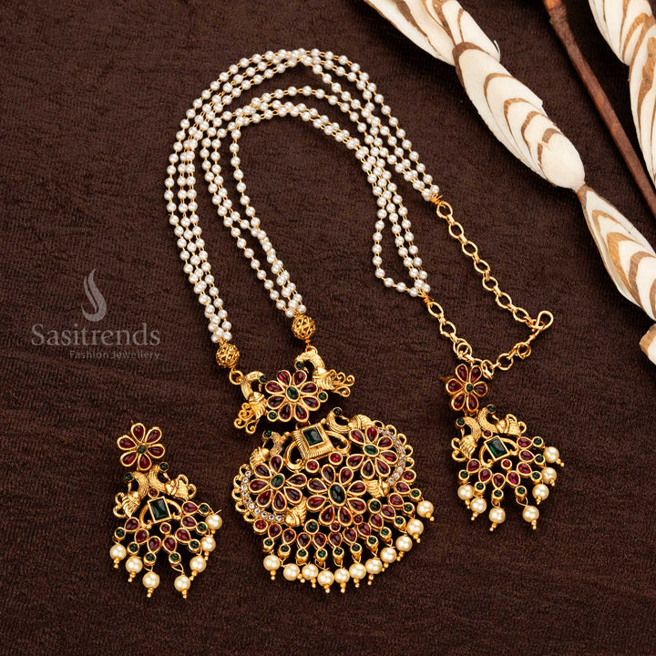 Traditional Classic Temple Matte Gold Three Line Mala Pearl Jewellery Set - Sasitrends